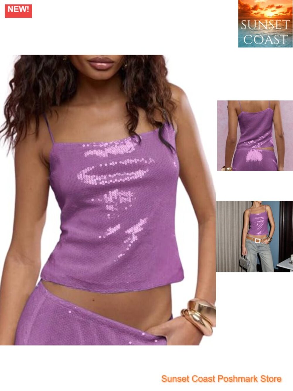 Sequin Cami Tops Sparkly Spaghetti Strap Crop Tank Glitter Sleeveless Party